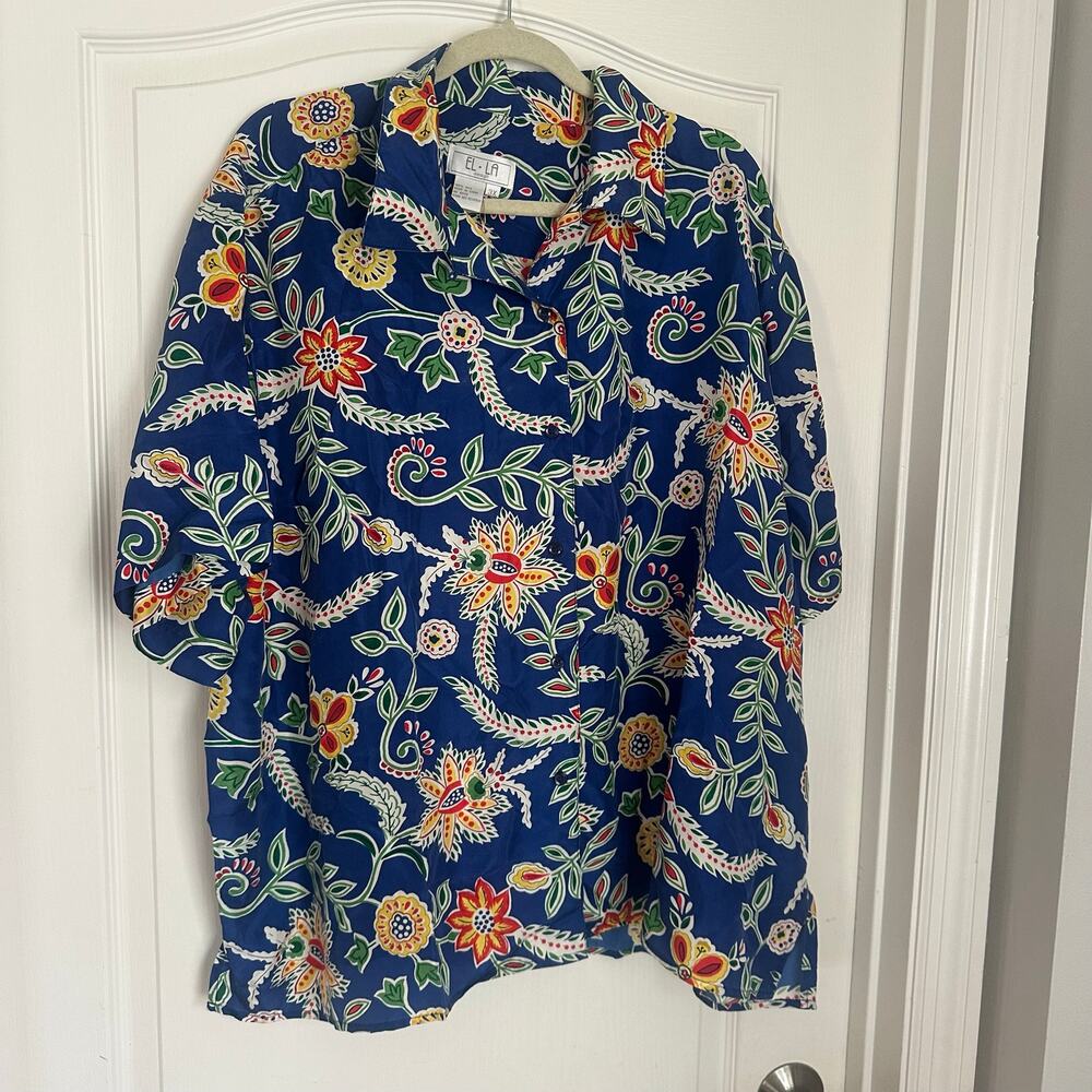 NWT EL-LA Design Vintage 100% Silk Tropical Print Short Sleeve Button Up Shirt